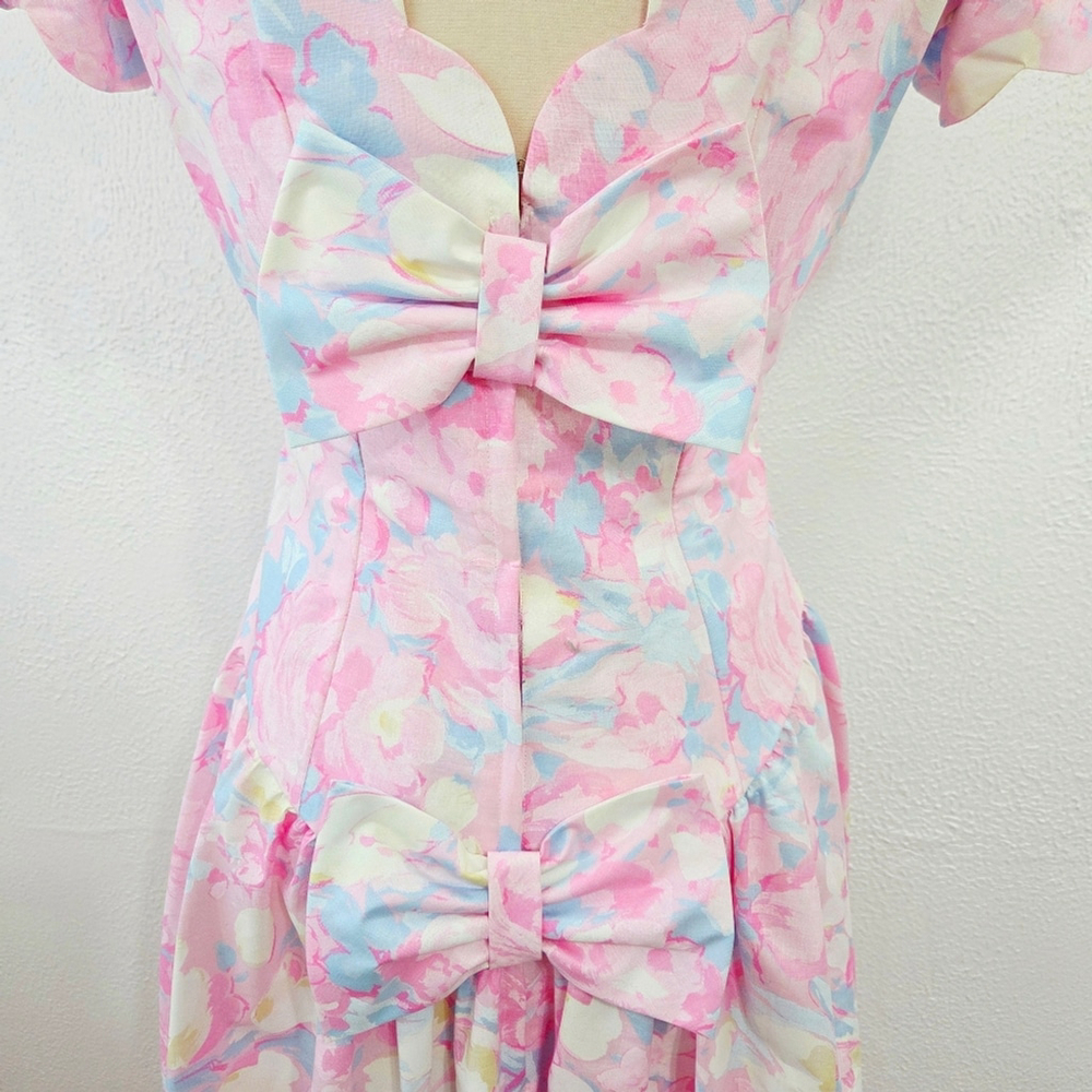 Vintage 80's Alfredo Angelo Dress Garden Party Floral Pastel Puff Sleeves 11/12 - Picture 4 of 9